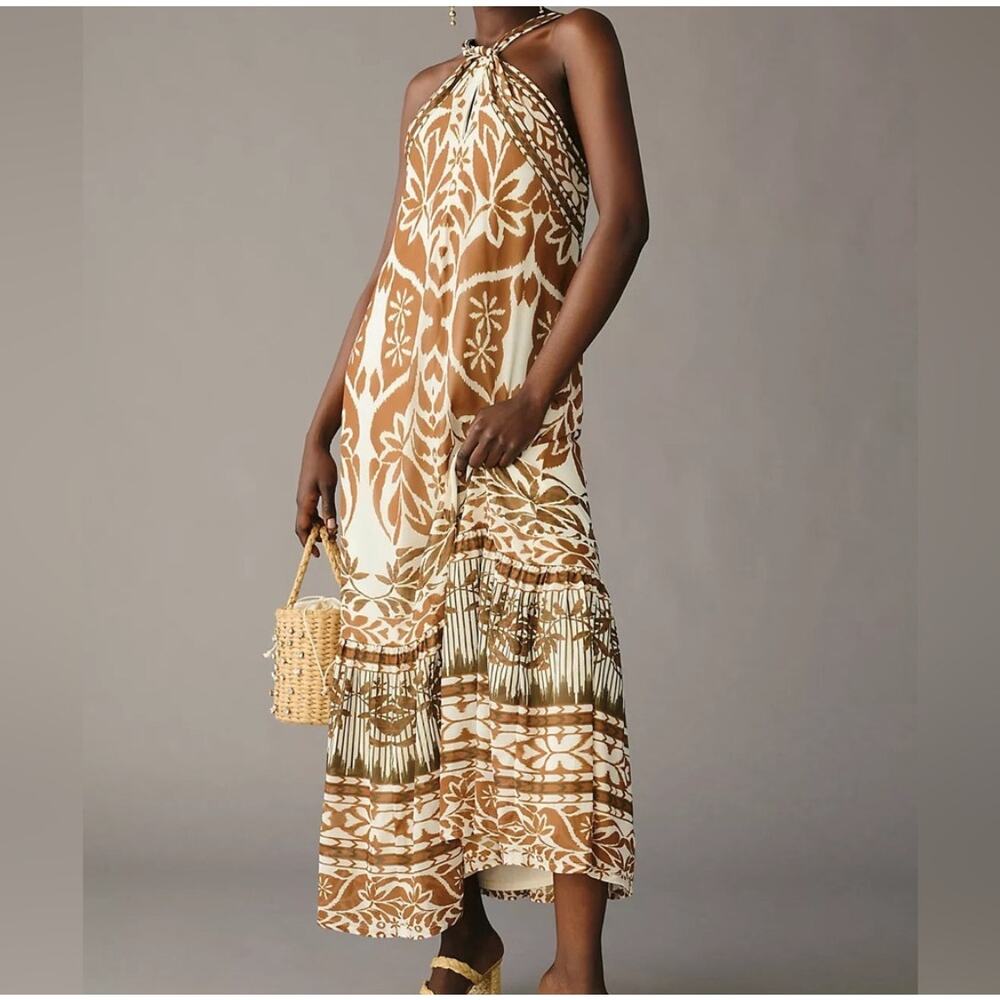 Vineet Bahl for Anthropologie Printed Brown Halter Dress